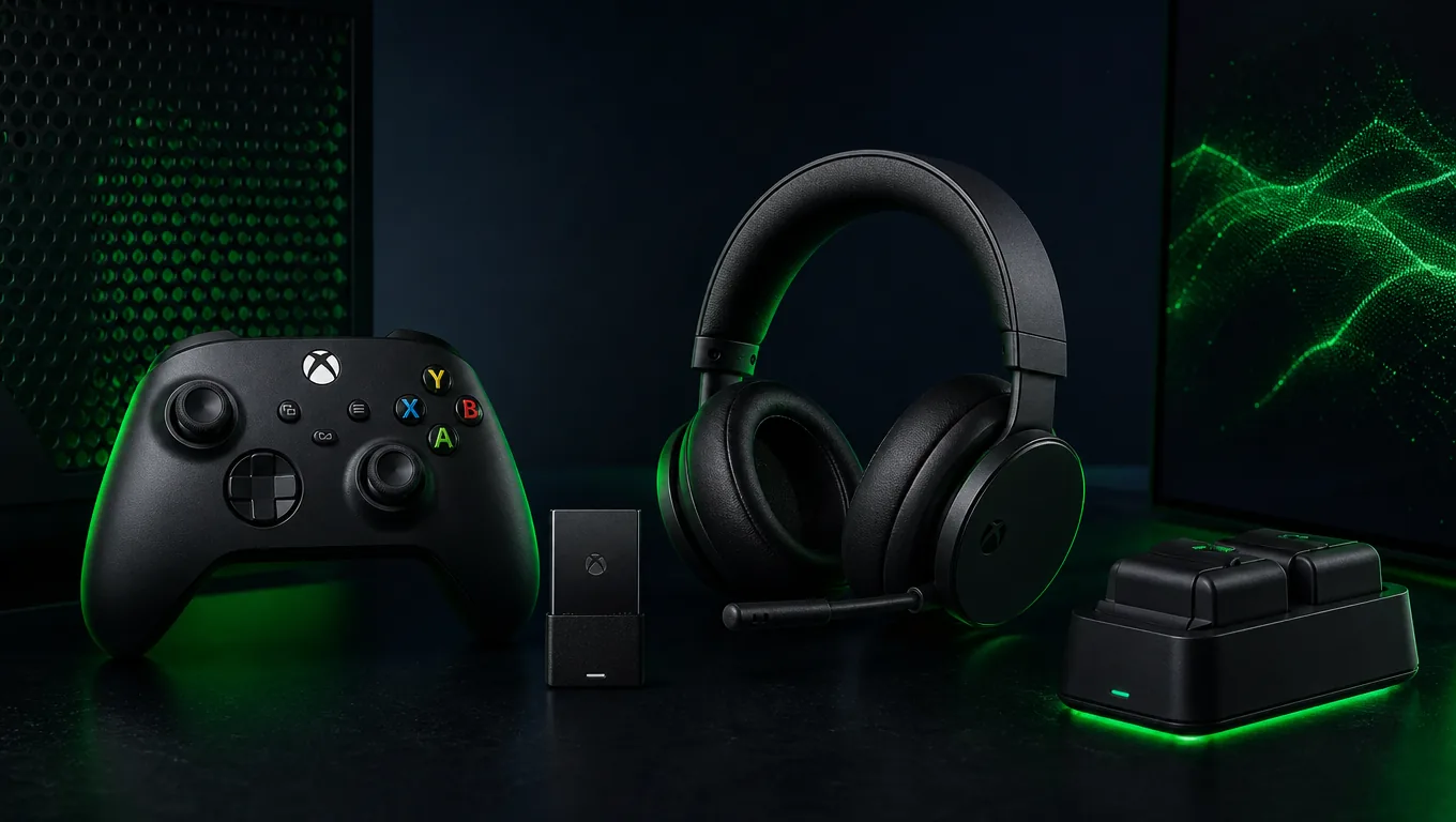 Illustrative Xbox controller, headset, storage and charging accessories