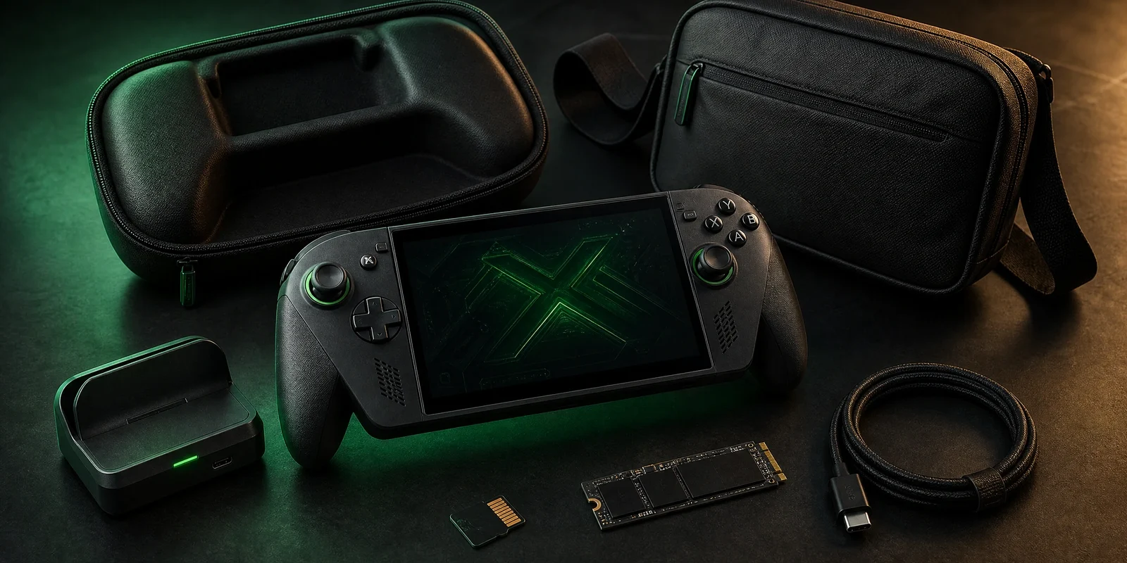 ROG Xbox Ally X20 with protective case, dock, storage and travel accessories