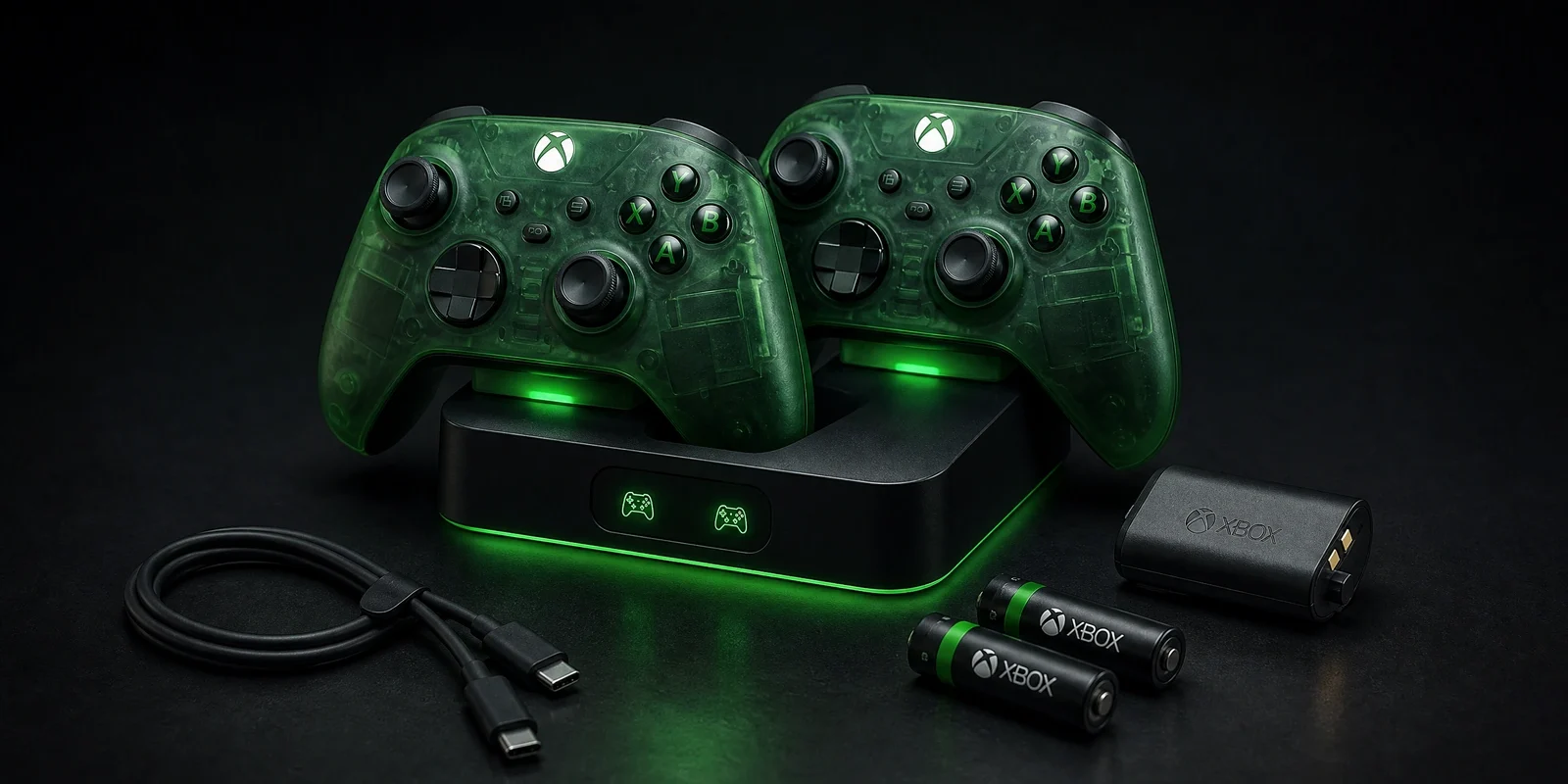 Xbox controllers with charging dock, rechargeable battery pack and AA batteries